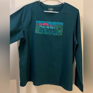 L.L. Bean Long-Sleeve Graphic Tee in Deep Teal with Pink Accent